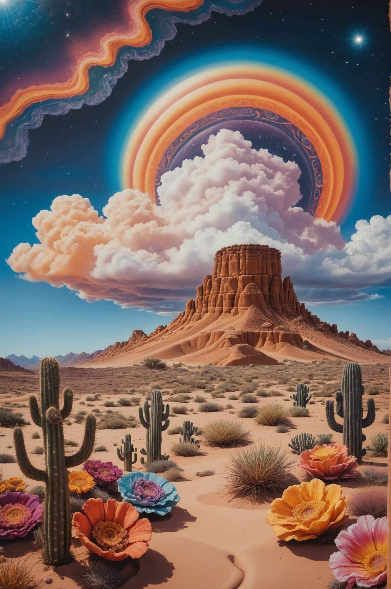 score_9, score_8_up, score_7_up, photo of <lora:psychedelic.landscape.PDXL_epoch_8:1>psychedelic landscape, outdoors, colorful sky, night, dark sky, cosmic, planets, stars, clouds, flowers, mountains, desert, cactus, sand, photo background, source_photo, ultra-detailed, (analog film grain), high quality, Fujifilm XT3