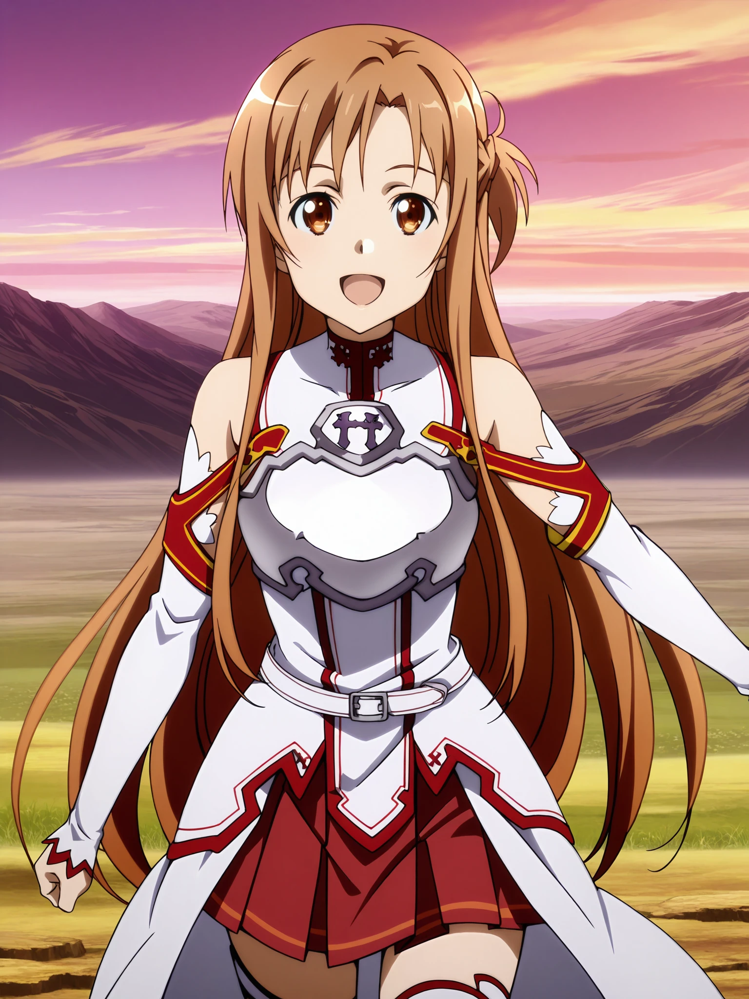 anime,anime screencap, anime coloring, 
outside, epic landscape,
 <lora:3-in-1_Asuna_Yuuki_Suguha_Kirigaya_and_Kirito_Kazuto_Kirigaya_Sword_Art_Online_-_Illustrious:.8>,
Asuna Yuuki (character), (Asuna Knights of the Blood uniform), 1girl, asuna (sao), long hair, brown hair, solo, thighhighs, brown eyes, skirt, breastplate, open mouth, looking at viewer, detached sleeves, smile, armor, pleated skirt, :D, bare shoulders, red skirt, facing the viewer