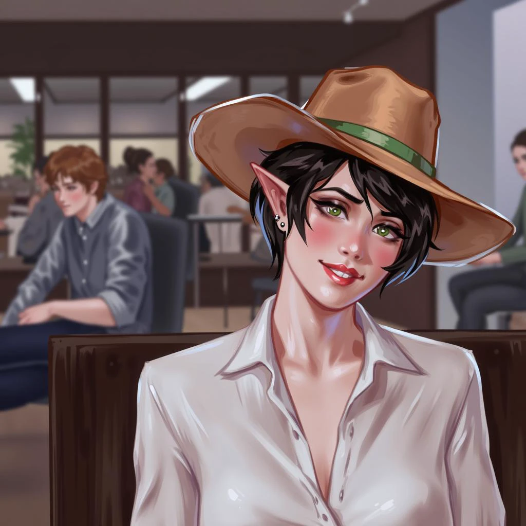 MisaMi \(Artist\), @MisaMi1362540,1 woman with short black curly hair, button up collared shirt and a cowboy hat, smiling with eyeliner, background is the inferior of a busy Starbucks coffee shop