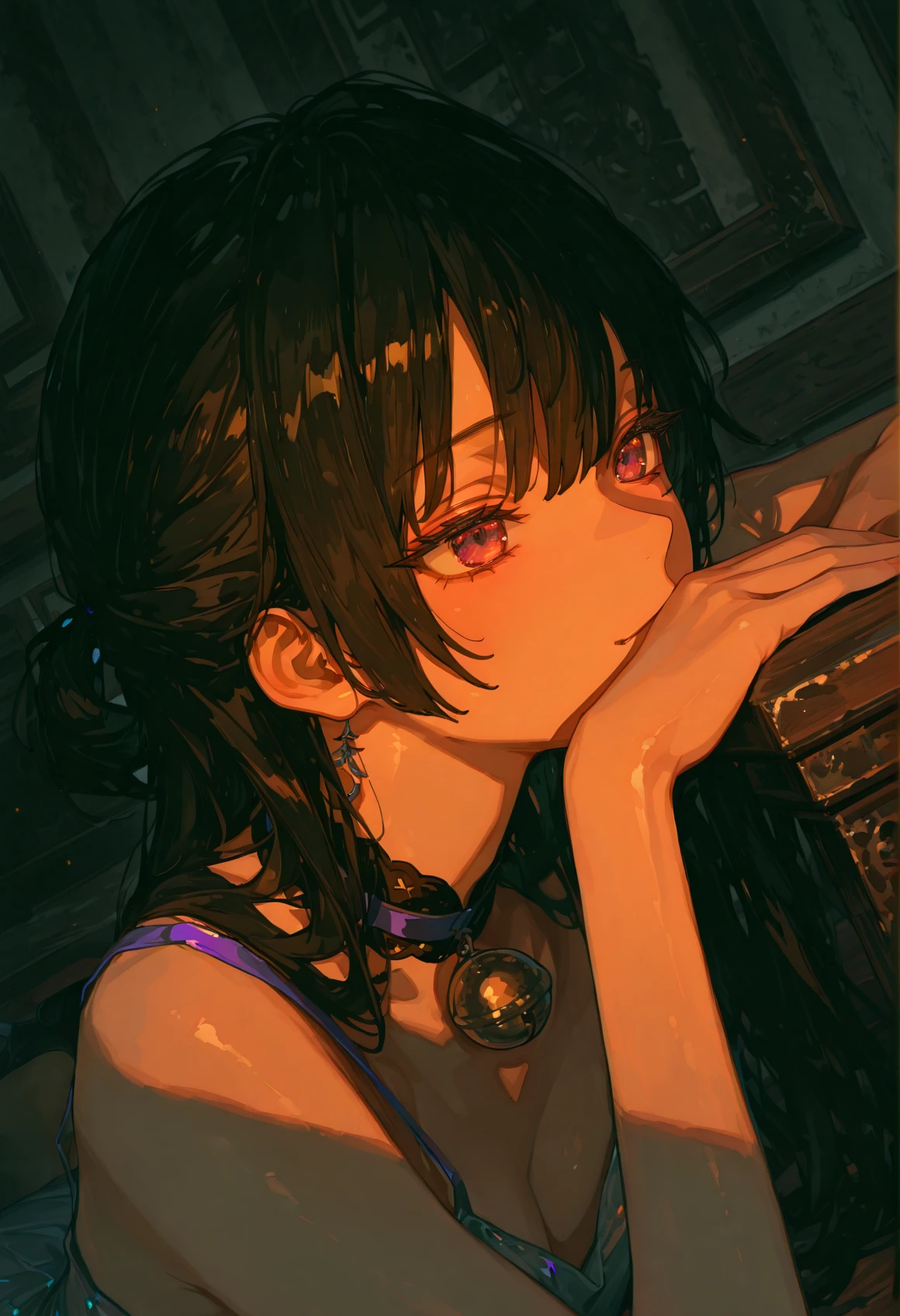 perfect quality,high quality,masterpiece,best quality,amazing quality,very aesthetic,Cinematic Lighting,newest,Tactical use of shadow,
dutch angle,portrait,gradient,Ecstatic expression,
YukiSuou Cyql,1girl,solo,long hair,bangs,black hair,purple eyes,
the_pose,hand_to_mouth,
Bell-line cocktail dress,stiletto heels,
usnr,748cmstyle,<lora:USNR STYLE_XL_loha:0.45>,<lora:DarkerThanBlackIllustrious:0.5>,<lora:spo_sdxl_10ep_4k-data_lora_webui:0.6>,<lora:illustrious_all_rated_v1:0.7>,<lora:748cmSDXL:0.8>,<lora:illustrious_quality_modifiers_masterpieces_v1:0.9>,<lora:YukiSuou_Illustrious by Cyql:0.9>,