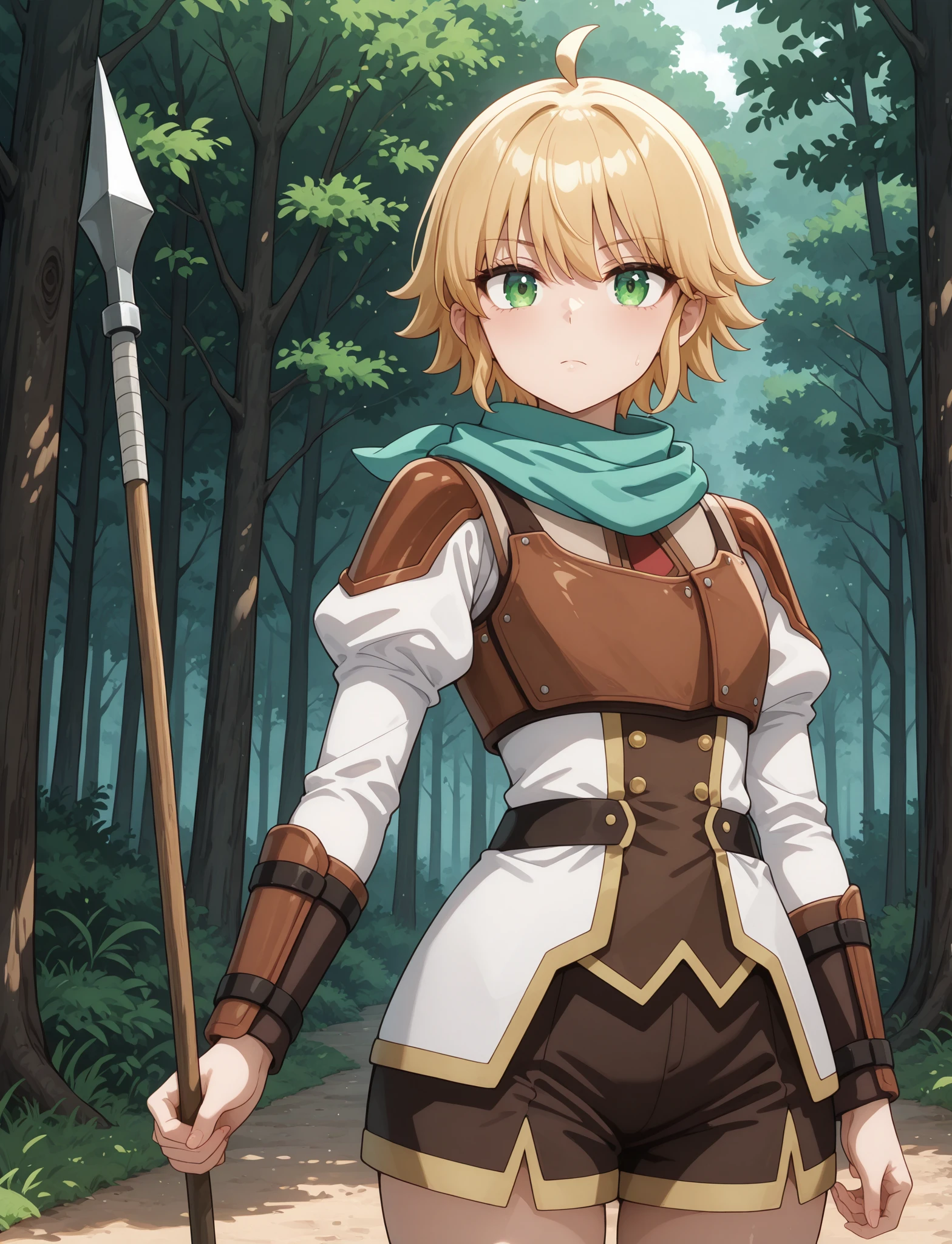 masterpiece, best quality, newest, absurdres, highres, 1girl, solo, <lora:MLF-Yuno_ILL_epoch_10:1> yuno-mlf, blonde hair, green eyes, short hair, ahoge, 
yuno-tournament-outfit, 
outdoors, forest, cowboy shot, wooden spear,