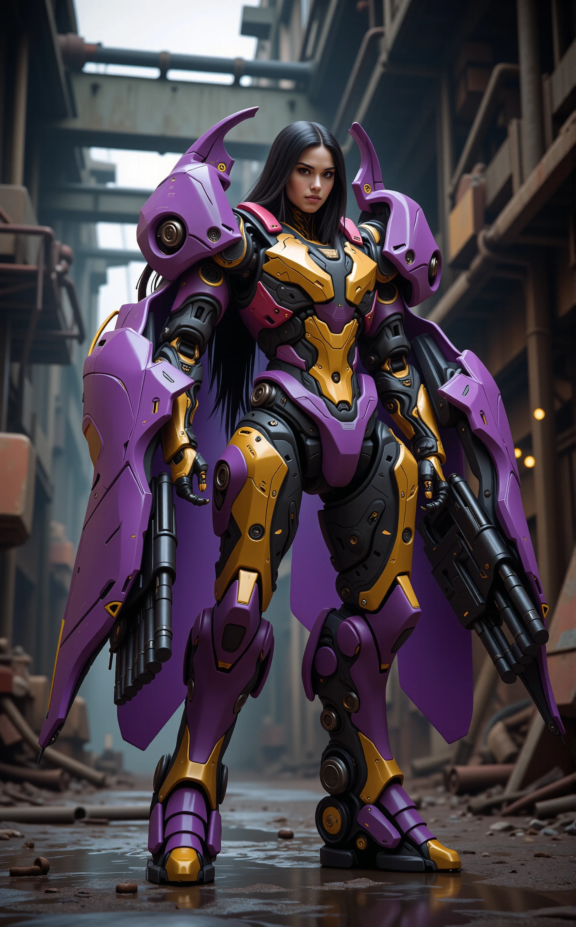 MechArmor, power armor, Off-center composition, low perspective, a cyborg girl, she is a cute girl in a power suit, cute smile and long flowing hair, purple and gold tactical cyber armor with gundamn jet wings, mood of the image is ominous and futuristic, in an industrial complex full of old rusty machinery, cybernetic robot retro cyberpunk, 80's inspired, synthwave, neon, vibrant, detailed, retro futurism, android, machine, metal, tech, futuristic, highly detailed