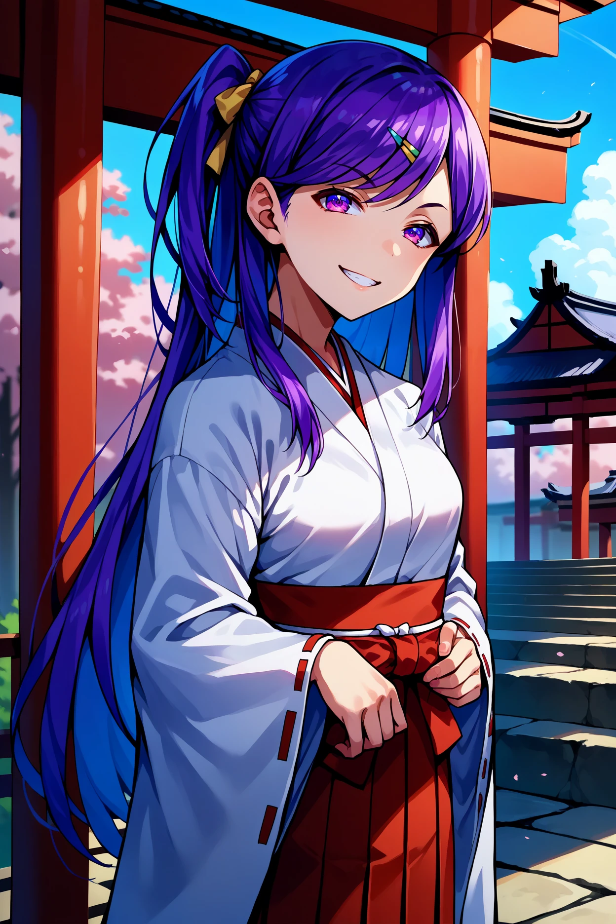 score_9, score_8_up, score_7_up, score_6_up, source_anime, 1girl, solo, <lora:kamuromasumi-pdxl-nvwls-v1_1-000005:1> hskamuro, one side up, purple hair, long hair, purple eyes, hairclip, white kimono, red hakama skirt, smile, wide sleeves, blue sky, shrine, japanese architecture, looking at you