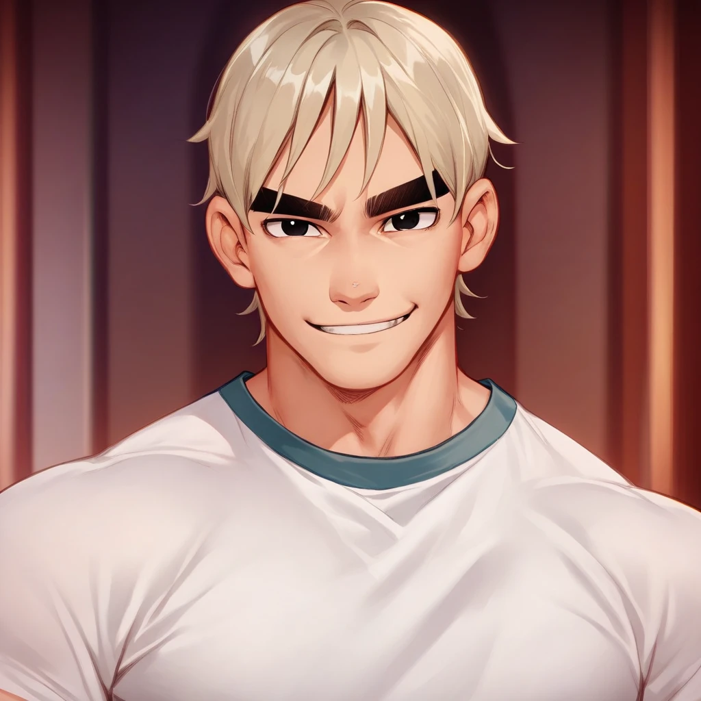 Score_9, score_8_up, score_7_up, score_6_up, score_5_up, score_4_up, source_anime,  Todd-Ingrim, black eyes, blond hair, smiling, white shirt, short hair , thick eyebrows, muscular body, upper body focus, looking at viewer,