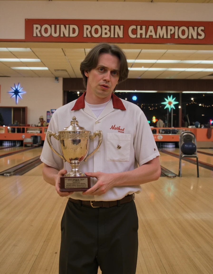 donnie_person dark hair, holding championship trophy, in bowling alley setting, above him is a banner that says "ROUND ROBIN CHAMPIONS" in bold block lettering.  1990s setting <lora:DonnyFlux (2) final flux:1>