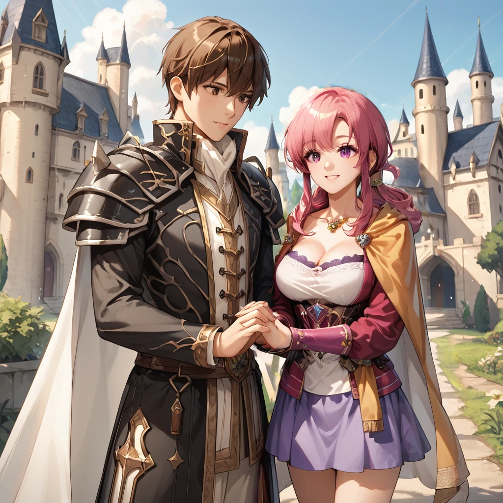 score_9, score_8_up, score_7_up, score_6_up, source_anime, castle town, 1 boy, 1 girl, castle, holding hands
<lora:Ethlyn_Fire_Emblem_Genealogy_of_Holy_War:0.7> ,def_ethlyn, yellow cape, boots, purple skirt, long sleeves, jewelry, collarbone, cowboy shot, pink hair, smile, big breasts,