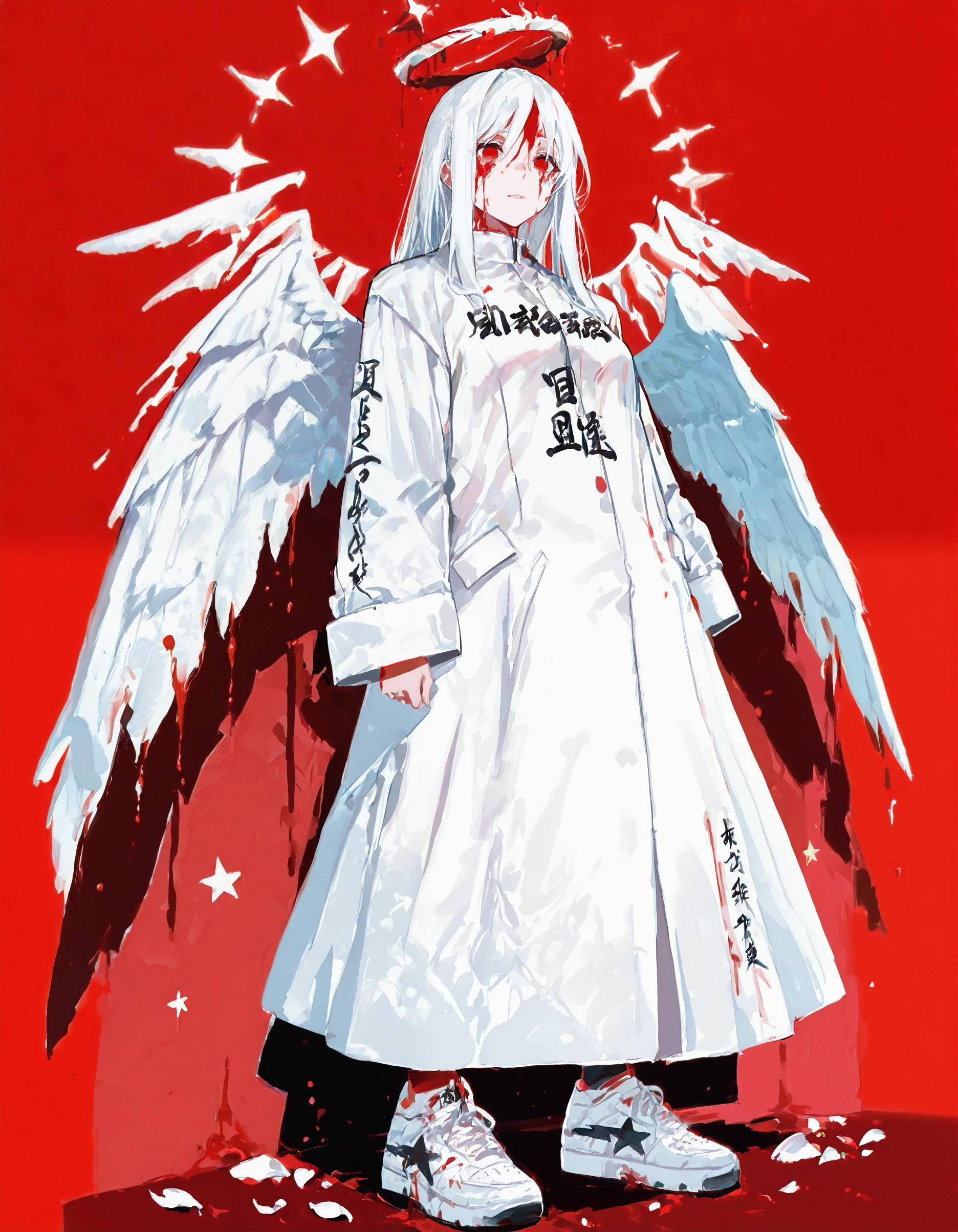 masterpiece, best quality, very aesthetic, absurdres, newest, <lora:69yottea_illu_v2:1>,<lora:tokko-fuku:1>,clothes writing,  69yotte4_illu,red background,blood on wings, 1girl,white hair,core,empty eyes,  red eyes, halo,white coat,blood, blood from eyes,  petals on clothes, white wings, white paint, <lora:Abstract:0.6>,traditional media, painting \(medium\), film grain,  sneakers, from below,<lora:b4pes4:1>,star \(symbol\), b4pesa_nkrs_illu,