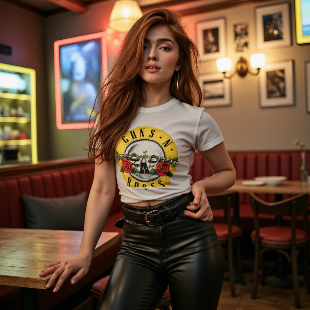 <lora:gnr-shirt-guns:1> gnr, <lora:Jia lissa 2 1024:1> jialis, ultra detailed, ultra realistic, ultra defined texutes, cinematic, cinematic lighting, 8k, analog polaroid, a beautiful woman wearing a guns and roses white t-shirt and leather pants in a rock cafe at night, looking at the camera, posing sexy