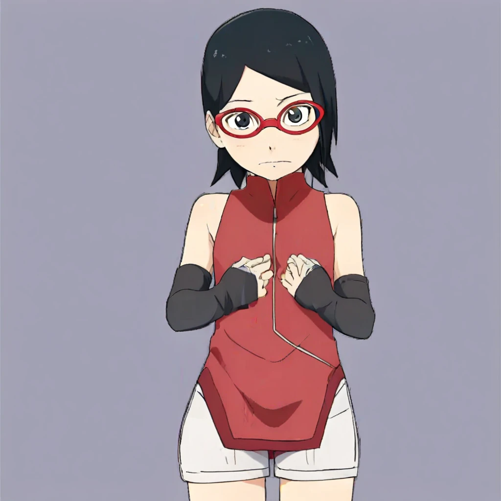 headband, black hair, Sarada Uchiha, black thigh-high stockings, forehead protector, thigh-high pouch, glasses, flat chest, black ninja sandals, white shorts, sleeveless, Konohagakure symbol, black eyes, red-framed glasses, short hair, elbow-length gloves, dark red dress