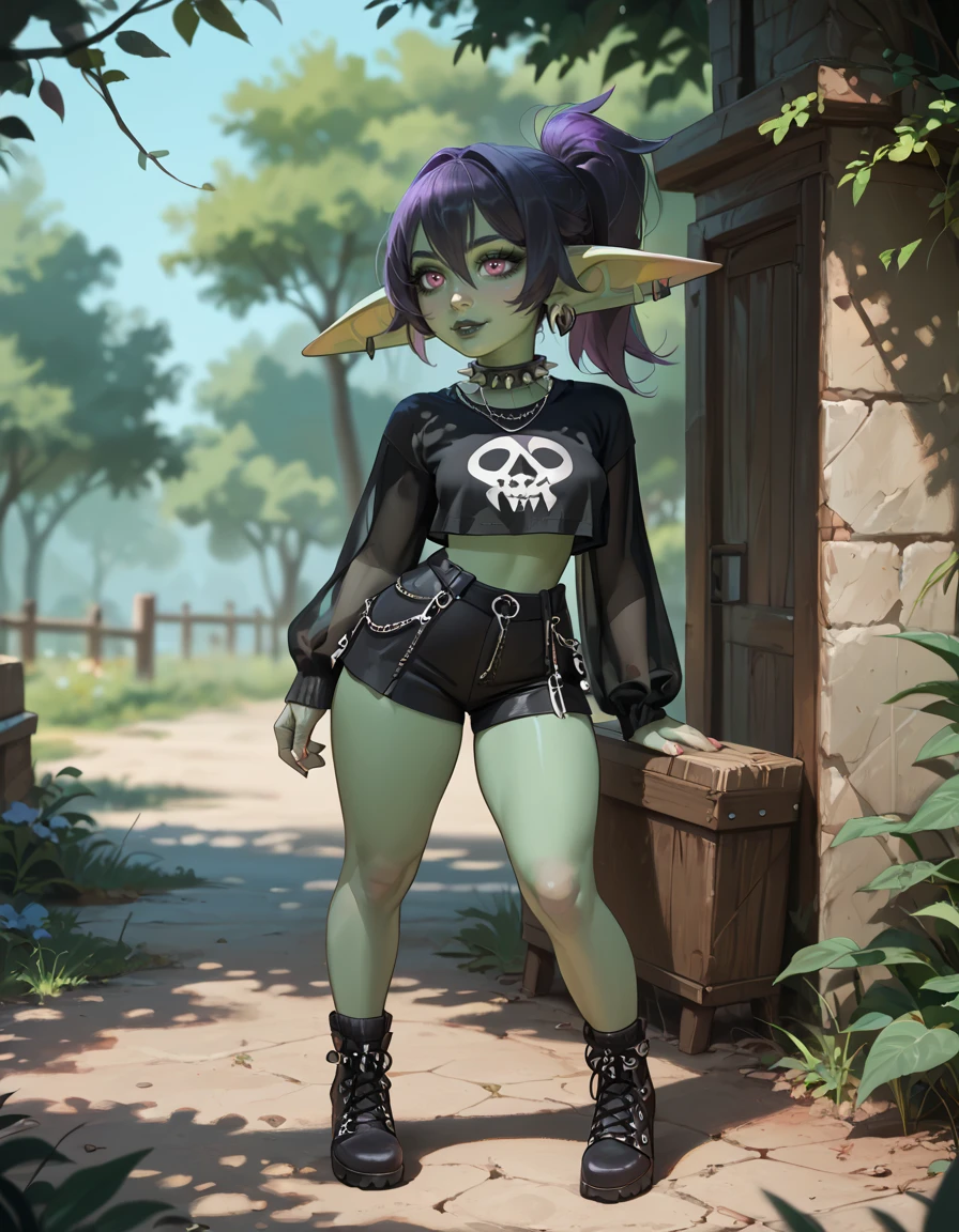 score_9,score_8_up,score_7_up,score_6_up,
outdoors,
full body,seductive smile,parted lips,long eyelashes,
<lora:Lolla_v01_PDXL:1>,Lolla,1girl,solo,goblin girl,gothic,green skin,long pointy ears,earings,multicolored hair,black hair,purple hair,ponytail,bangs,hair between eyes,pink eyes,spiked choker,black lips,
<lora:add-detail-xl:1>,