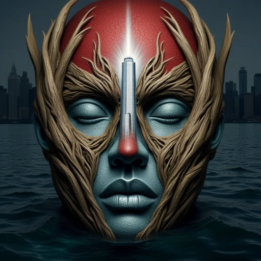 tree-like structure. The face is carved into a gnarled, likely New York City, with a red roof and white walls, creating a mesmerizing, slender skyscraper resembling the One World Trade Center., digital artwork in a surreal, face-like structure emerging from the water, metallic filters on either side. The mask's color scheme is a muted