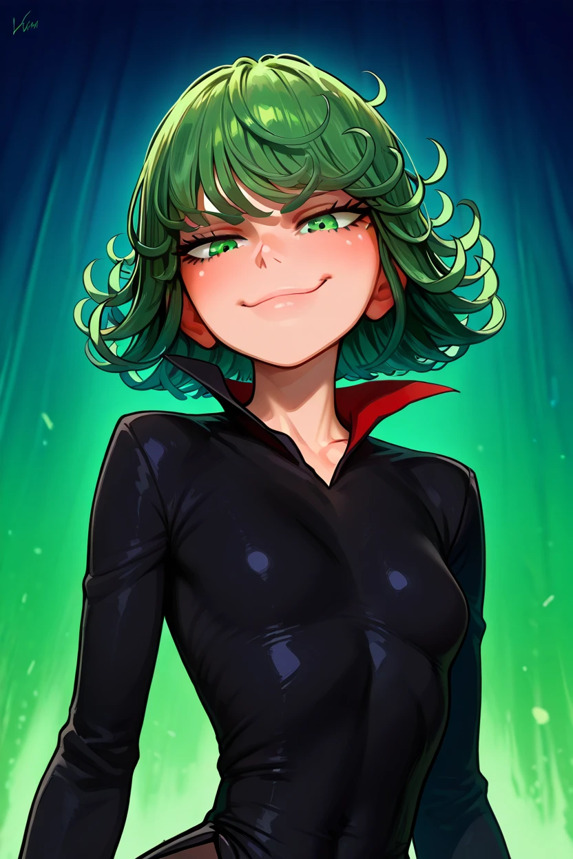 masterpiece, best quality, 1girl, solo, beautiful eyes, zzTatsumaki, green eyes, green hair, black dress, smile, smug, <lora:TatsumakiIXL:1.0>,<lora:IncaseIXL_v1:1.0>, upper body, smile, looking at viewer, shiny skin,