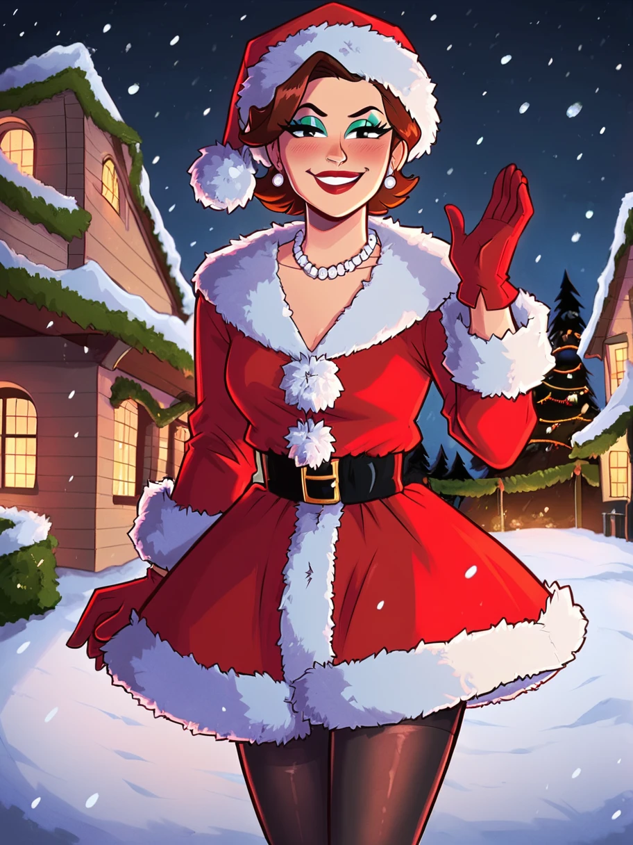 easynegative, zPDXL,  1girl, solo , cowboy shot, ,facing the viewer, looking at the viewer, smug, sly smile,
<lora:Martha_May_Whovier:.7> mmwhovier, brown hair, jewelry, necklace, earrings, makeup, red lipstick, blush, christmas, outside, at night, snowing,
santa hat, santa outfit, santa skirt, boots, black pantyhose, gloves,âââ