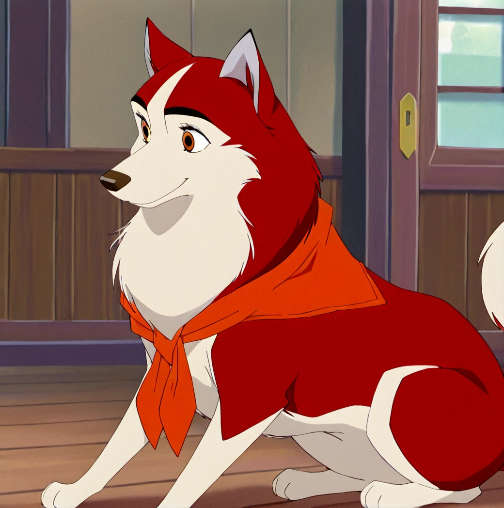 masterpiece, best quality, detailed, detailed background, absurd res,  <lora:jennabaltoillustrious:1>, 1girl, jenna\(balto\), solo, smile, full body, indoors, from side, no humans, animal, dog, animal focus, two tone fur, red fur, canine , amber eyes, neckerchief, cartoon screenshot, film grain,