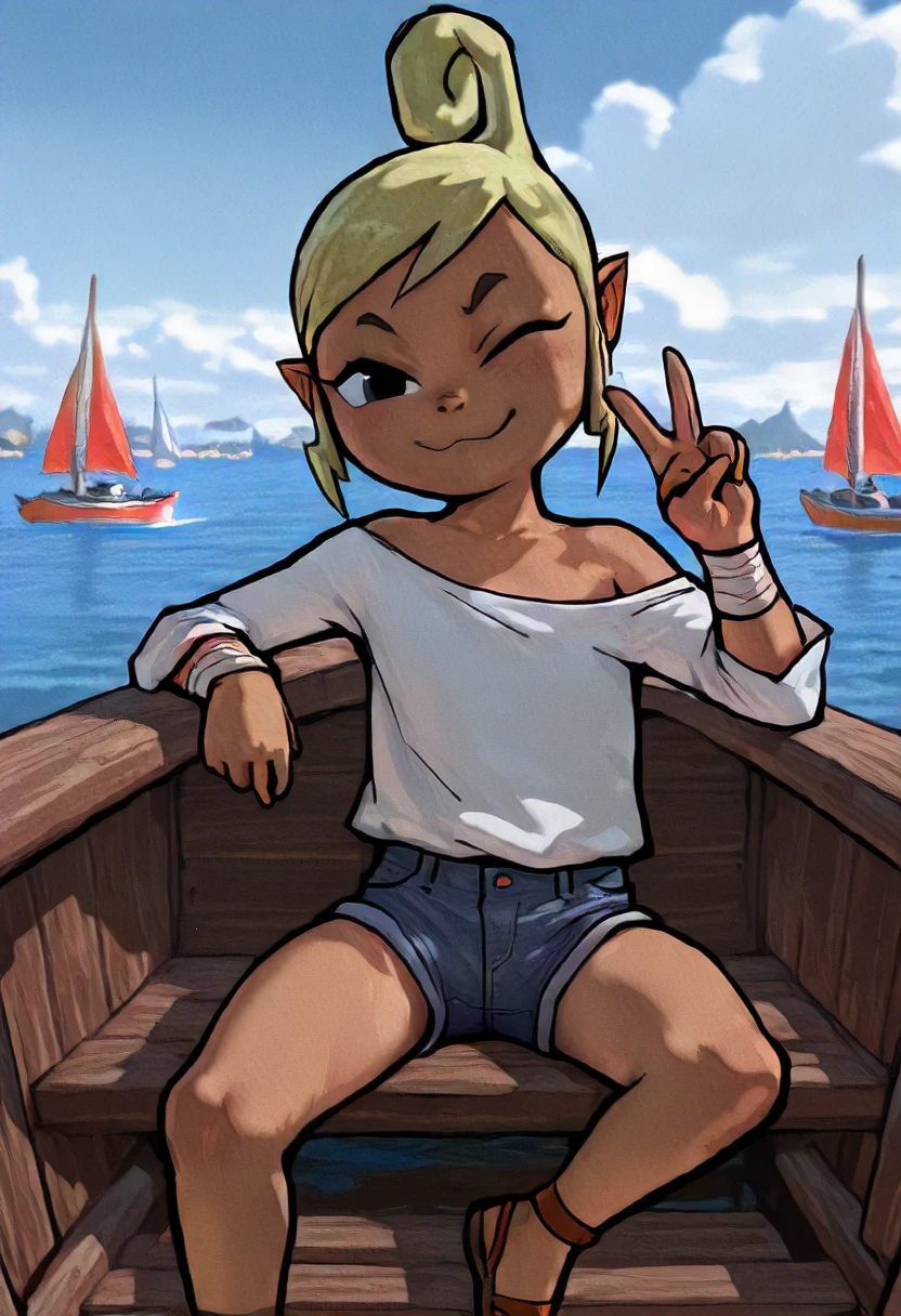 masterpiece, best quality, amazing quality, very aesthetic, absurdres, newest, scenery, WindWakerStyle, one eye closed, 1girl, child, Tetra, looking at viewer, wrist wraps, v, sandals, sitting, very short denim shorts, off-shoulder white shirt, long sleeves, shoulders, smug smile, boat port background, detailed background