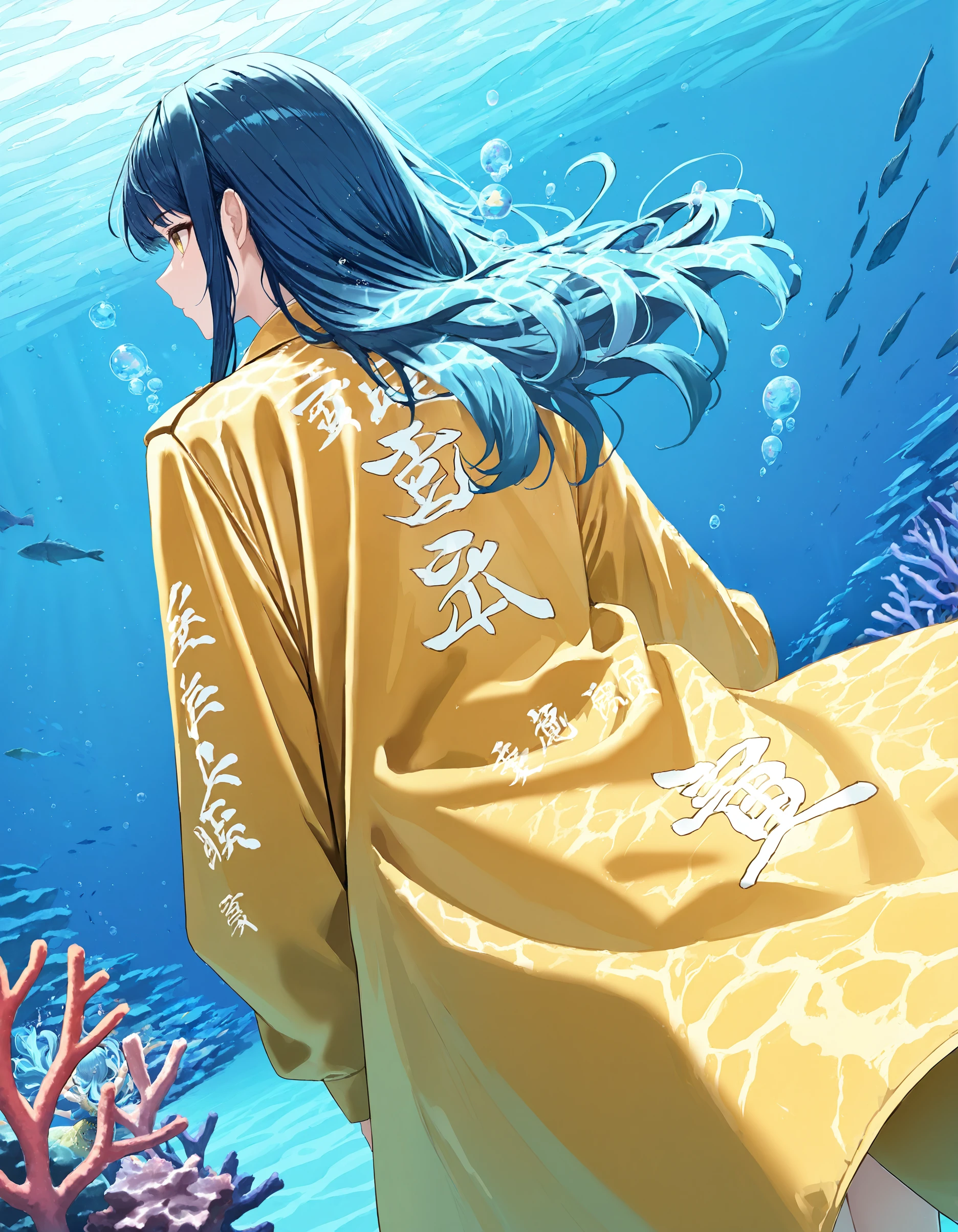 masterpiece, best quality, very aesthetic, absurdres, newest,,clothes writing, 1girl, solo, long hair, <lora:tokko-fuku:1>, t0kk0_5uku,clothes writing, kanji,yellow coat,underwater, coral, fish,yellow eyes, bubble, blue_hair,fish embroidered,swimming, from behind, dutch angle,