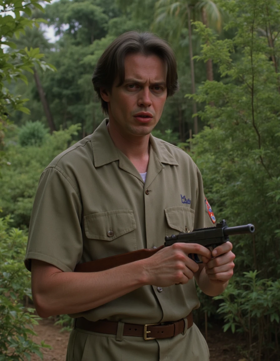 donnie_person dark hair, in the jungles of vietnam holding a gun <lora:DonnyFlux (2) final flux:1>