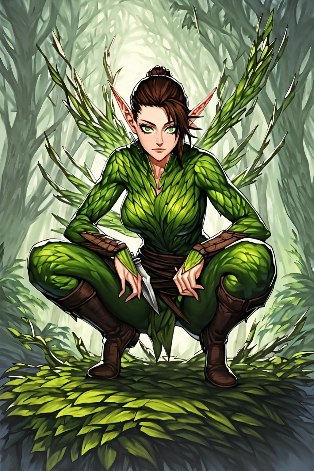 <lora:anime_mtg:1>1girl, mtg style, solo, holding weapon, magic the gathering, long ears, green leaf armor, short tomboy hair, athletic build, medium beasts, green eyes, squatting in a tree branchm, long pointy ears, elf ears,, , source_anime, score_7_up, score_8_up,. knife, brown hair, tattos,