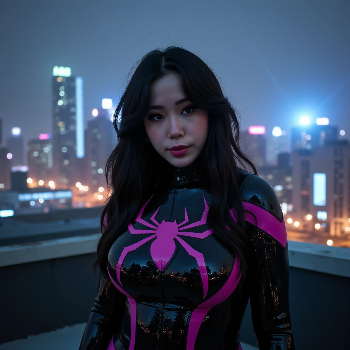 Spider verse character, realistic anime style, stuck in building trap, 4k detail, realistic character, womancore, metallic accents, outrun, hyper-realistic pop, angelcore --ar 73:128 --stylize 750 --niji 6