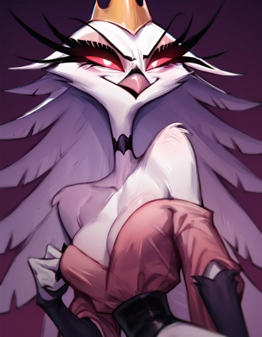 stella from helluva boss, detailed eyes, beautiful detailed lips, large breasts, naked, small pink bird beak, owl face, highly detailed, photorealistic, masterpiece, 8k, ultra-detailed, hyper realistic, cinematic lighting, vibrant color. wet=1.5, 2D art style.