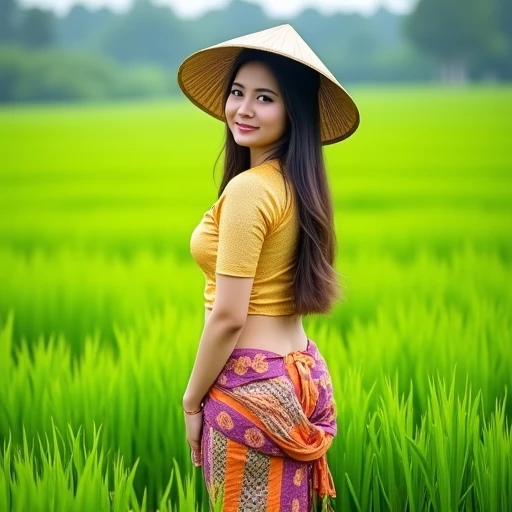 This is a photograph of a young woman with long, dark hair, standing in a lush green rice field. She wears a golden, patterned, sheer blouse tied at the waist, revealing a hint of her midriff, and a colorful, traditional sarong. A conical hat, known as a "nón lá," shades her face. The background is a vibrant, dense field of rice plants, creating a serene, natural setting. The image exudes a sense of tranquility and cultural authenticity. Spicy_Hot_Eastern