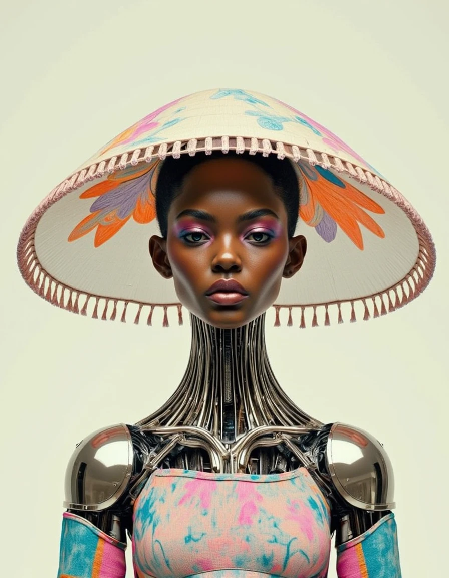 Studio_Punkji, The image is a close-up portrait of a futuristic woman's head and upper body. The woman is wearing a large, wide-brimmed hat with a unique design. The hat is made of a light-colored fabric with a floral pattern in shades of blue, orange, and pink. The brim of the hat is slightly curved and has fringes along the edges. The upper body of the woman is covered in a metallic armor-like material, which appears to be made up of multiple layers of different colors and patterns. The armor has a metallic body with multiple arms and legs, and a large collar that extends from the shoulders to the waist. The arms and neck of the armor are covered in different patterns, including blue, pink, and orange. The background is a pale beige color, and the overall mood of the image is mysterious and futuristic. <lora:Real_Faceji_V1:0.5> <lora:Studio_Punkji:0.85>