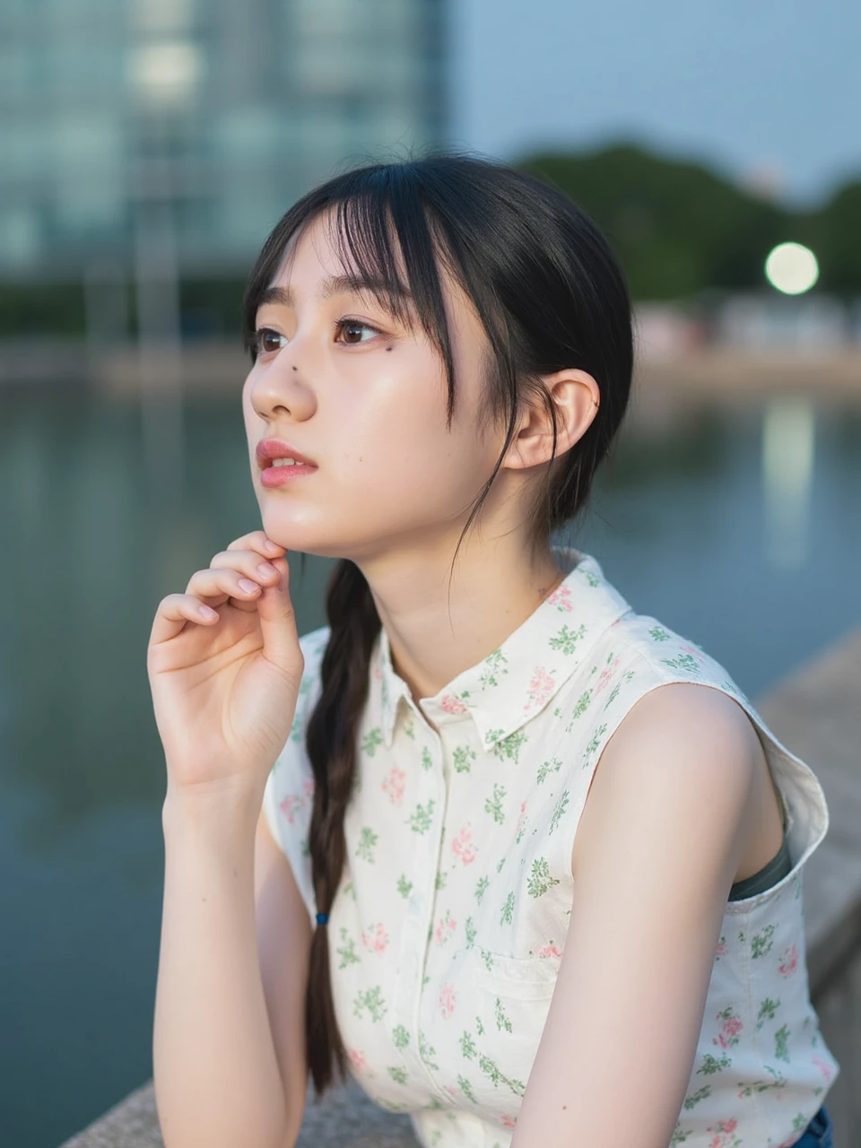 The image is a portrait of a young Asian woman named sakutan sitting on a concrete wall by the water. She is wearing a white sleeveless top with green and pink floral patterns. Her hair is styled in loose waves and she is looking off to the side with a thoughtful expression on her face. The background is blurred, but it appears to be a body of water with bokeh lights. The overall mood of the image is calm and serene.