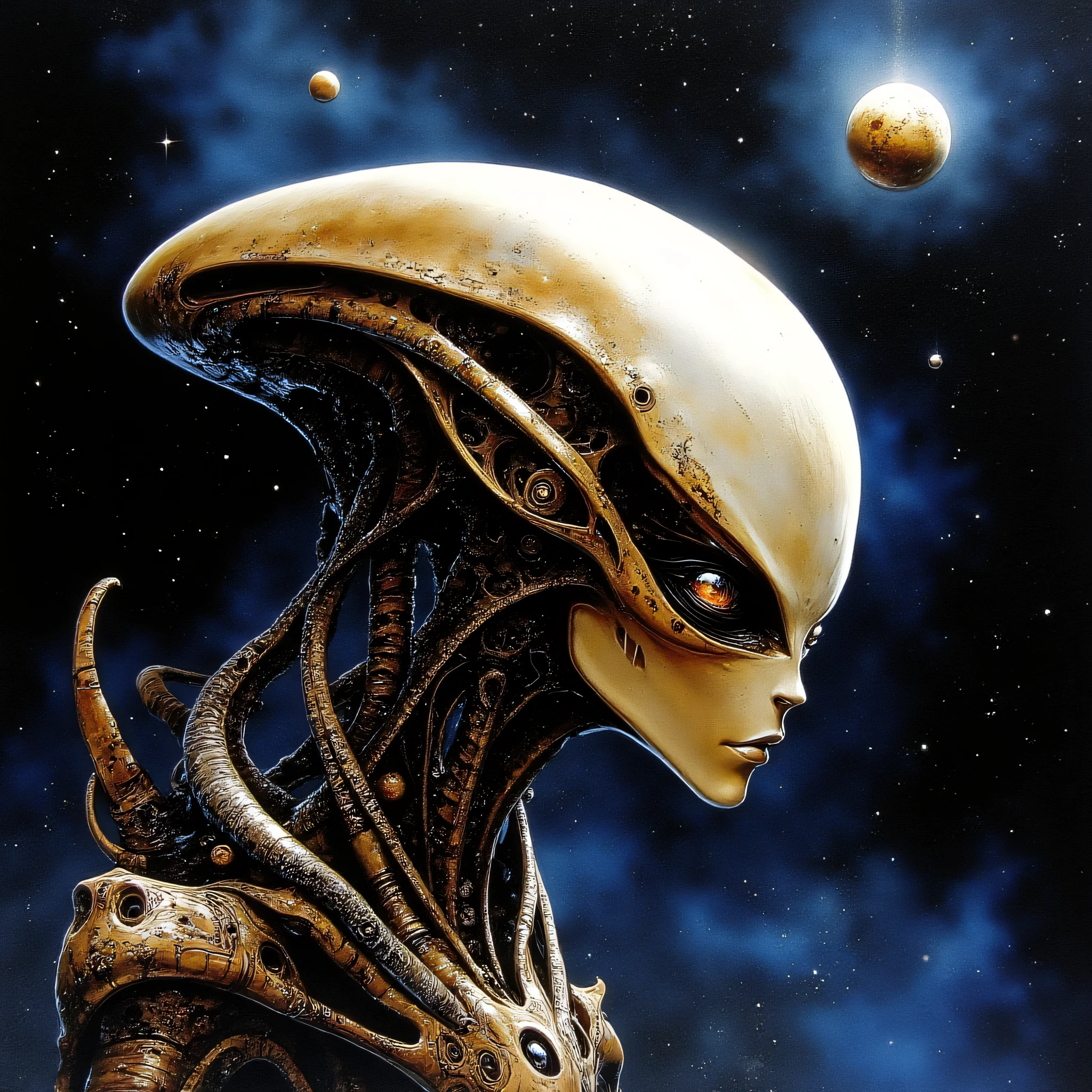 ArsMJStyle, Etherial Gothic, The image shows a painting of an alien with a face in the foreground set against a dark background., solo, space, profile, yellow eyes, traditional media, portrait, from side, alien, planet, star (sky)