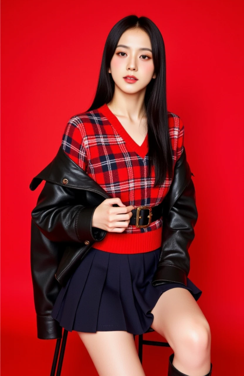 This is a high-resolution fashion photograph featuring a young Asian woman with long, straight black hair. She has a fair complexion and is seated on a simple, black metal stool against a vibrant, solid red background. The woman is dressed in a casual yet stylish outfit. She wears a red and white plaid V-neck sweater over a dark navy blue pleated skirt. Her sweater is partially covered by a large, black leather jacket that she wears open, draping over her shoulders and arms. She pairs the outfit with knee-high black leather boots, which have a slightly glossy finish and are buckled at the ankles. Her expression is neutral, with a slight tilt of her head and a gaze directed towards the camera, adding a sense of poise and confidence to her appearance.
The photograph is well-lit, with soft shadows enhancing the textures of her clothing and the smoothness of her skin. The red background provides a bold contrast, making the subject stand out prominently. The overall style of the image is modern and chic, capturing a contemporary fashion aesthetic.