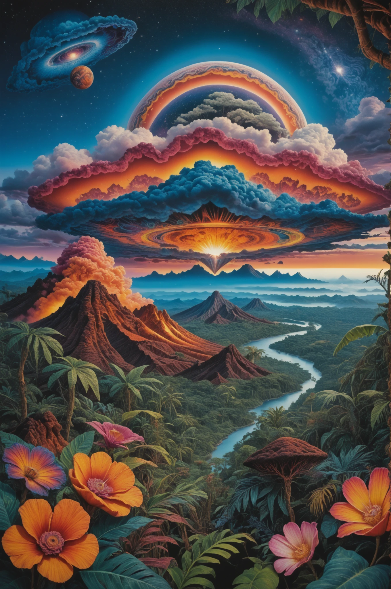 score_9, score_8_up, score_7_up, photo of <lora:psychedelic.landscape.PDXL_epoch_8:1>psychedelic landscape, outdoors, colorful sky, night, dark sky, cosmic, planets, stars, clouds, flowers, mountains, jungle, trees, vines, river, volcano, photo background, source_photo, ultra-detailed, (analog film grain), high quality, Fujifilm XT3