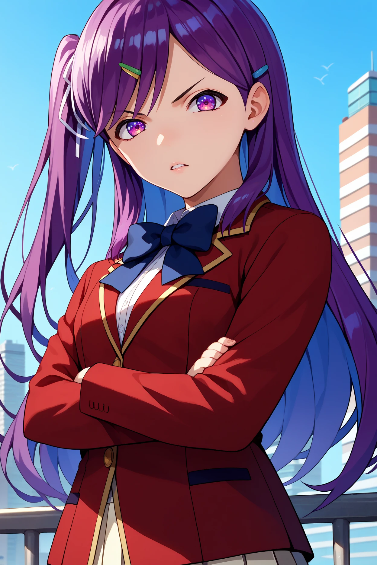 score_9, score_8_up, score_7_up, score_6_up, source_anime, 1girl, solo, <lora:kamuromasumi-pdxl-nvwls-v1_1-000005:1> hskamuro, one side up, purple hair, long hair, purple eyes, hairclip, red blazer, black bowtie, white miniskirt, pleated skirt, looking at you, parted lips, blue sky, city, upper body, crossed arms