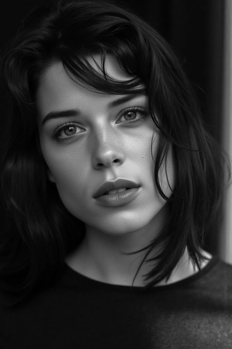 portrait inspired by Peter Lindbergh's photographic style, a woman looking directly into the camera with an intimate and deep expression.,nevecflx