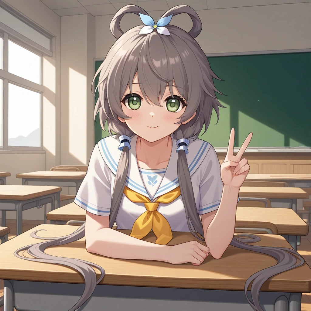 luo tianyi,1girl,masterpiece,high quality,best quality,beautiful,v,classroom,