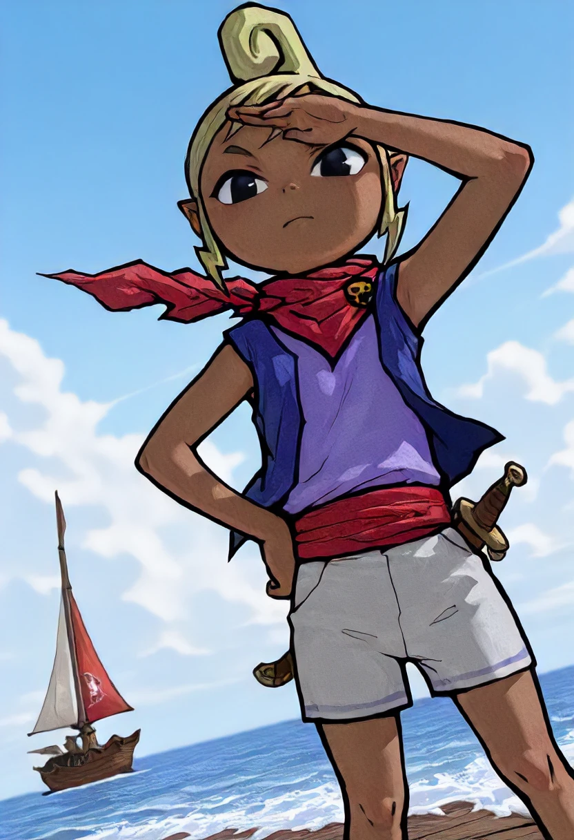 masterpiece, best quality, amazing quality, very aesthetic, absurdres, newest, scenery, WindWakerStyle, 1girl, solo, dutch angle, , Tetra, hand above eyes, hand on own hip, proud stance, red sash, red scarf, white shorts, blue vest, purple shirt, knife on hip, on a pirate ship, ocean background, detailed background masterpiece, best quality, amazing quality, very aesthetic, absurdres, newest, scenery, 