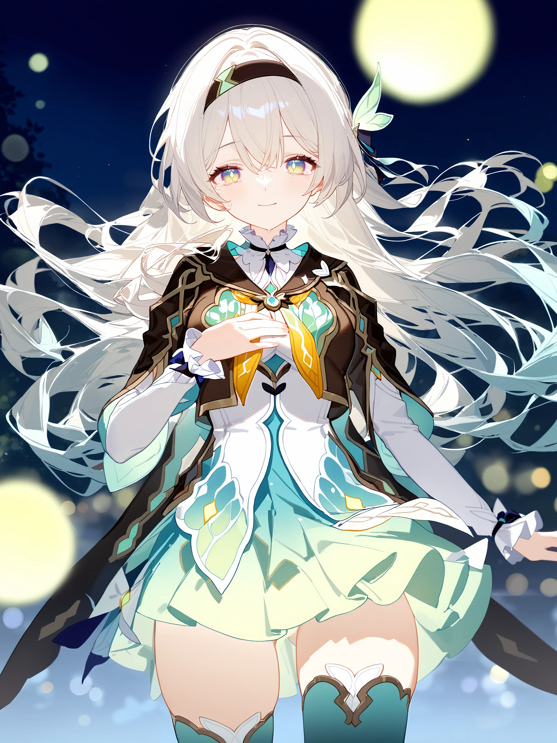 1girl, firefly \(honkai: star rail\), solo, gradient thighhighs, hairband, gradient skirt, feather hair ornament, frilled shirt, frilled collar, cropped jacket, yellow neckerchief, cowboy shot, standing, light smile, floating hair, depth of field, hand on own chest, crying with eyes open, light smile, bokeh, fireflies, night illustration, incredibly absurdres, ultra detailed, masterpiece, best quality, perfect features, intricate details, ray tracing, very aesthetic, (hitenkei, askzy:0.4), <lora:XL-aesthetic_anime:1:hr=0.1>, <lora:XL-detailed_notrigger:1:hr=0.5>, <lora:Char-HonkaiSR-Firefly-V4-SDXL:0.9>,