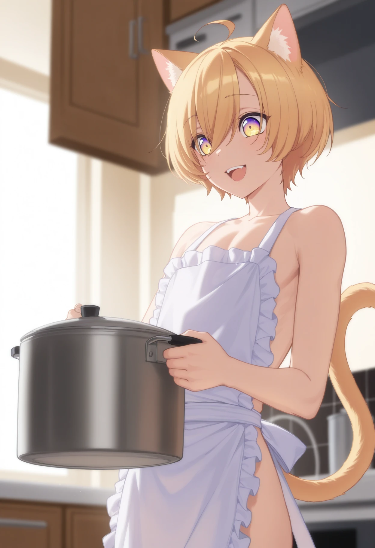 masterpiece, best quality, <lora:NSIzumiSenaLoveStage:1> 1boy, NSIzumiMisc, multicolored eyes, yellow eyes, purple eyes, blonde hair, long bangs, short hair, ahoge, cat ears, cat tail, naked apron, kitchen, holding pot, happy, open mouth