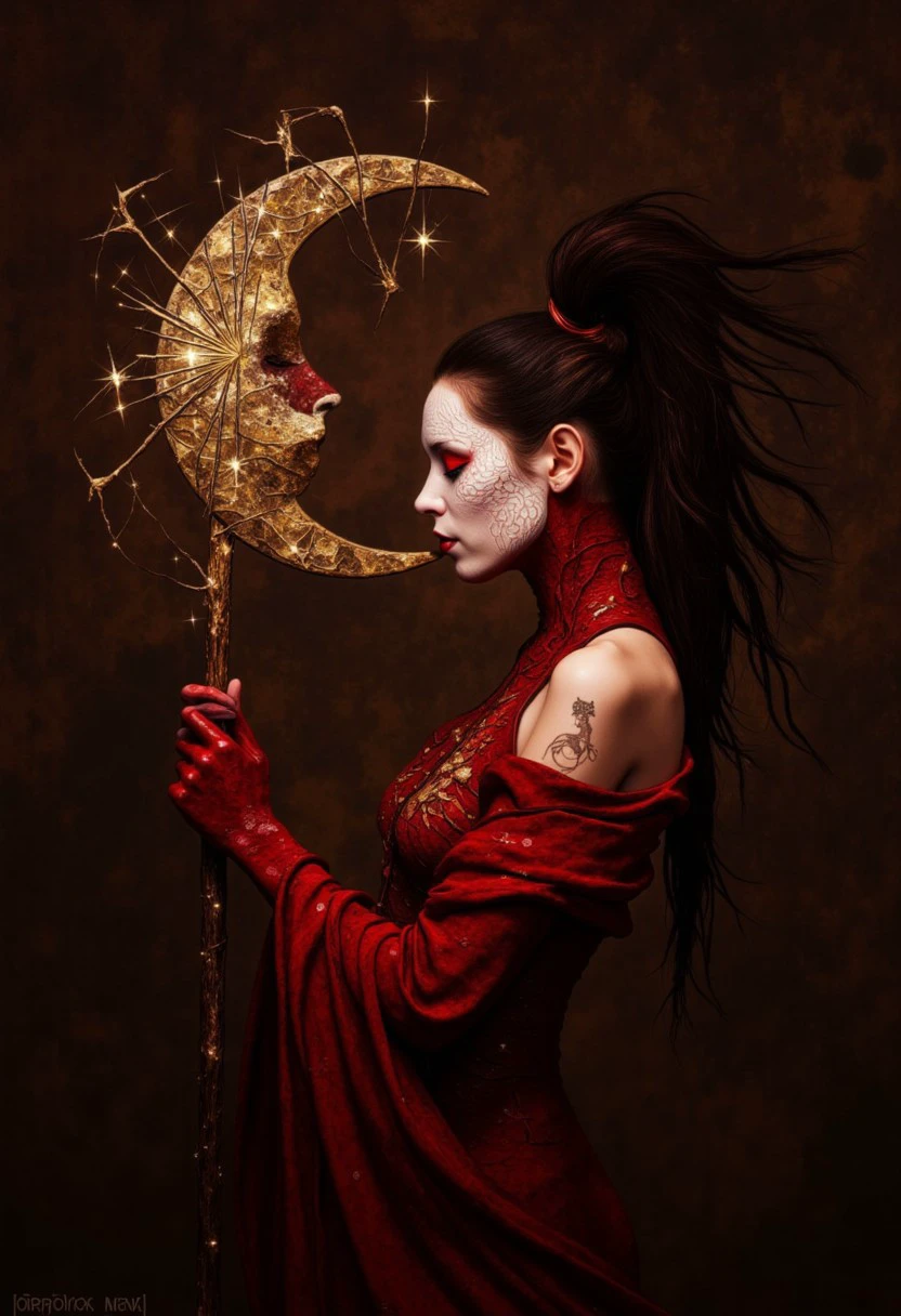 A striking portrait of a mystical woman bathed in shadow and warm crimson hues. Her face is partially painted in white with red accents, resembling a ceremonial or ritualistic mask, while her eyes are gently closed, evoking serenity and inner strength. She holds a crescent moon staff with intricate spiderweb-like details glowing faintly, adorned with golden stars, symbolizing a connection to celestial or arcane powers. Her deep red attire clings to her form, textured like woven fabric, with long sleeves trailing down her arms. A faint tattoo-like marking adorns her shoulder, reinforcing the ethereal and otherworldly nature of her presence. Her flowing, high-tied ponytail adds a sense of grace and movement against the dark, textured background. The image exudes a balance of elegance, mysticism, and quiet reverence, as though she is a guardian or priestess of a forgotten realm.