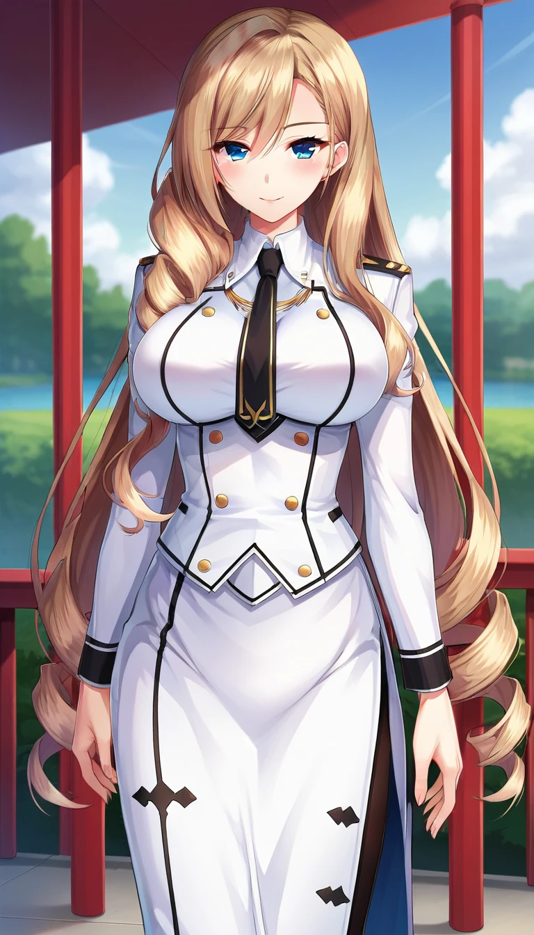 masterpiece, best quality,simple eyes,outdoors,standing,hands on hip,1girl,north carolina,bangs, (black_gloves), blonde_hair, blue_eyes,large breasts, choker,cross, cross_choker, eyebrows_visible_through_hair, gloves, hairband, long_hair, long_sleeves, looking_at_viewer, military, (white military uniform), (((black pantyhose))), (white pencil_skirt), smile, uniform,<lora:northcarolina001:1>