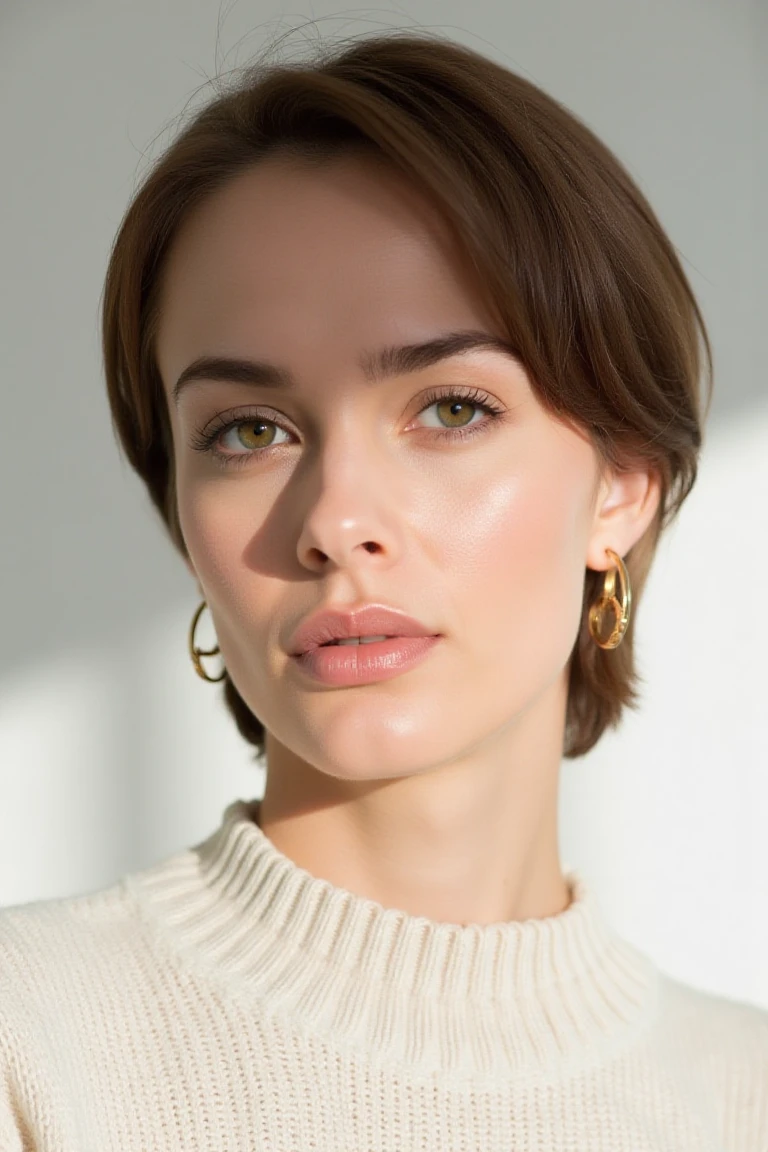 "A clean, minimalist portrait of a confident woman with striking eyes and a calm expression. She is wearing a light-colored sweater and gold hoop earrings that add a subtle touch of elegance. Her short hair is neatly styled, complementing the simplicity of the composition. The soft, diffused lighting highlights her flawless skin and natural beauty, while the neutral background emphasizes her serene and sophisticated demeanor."