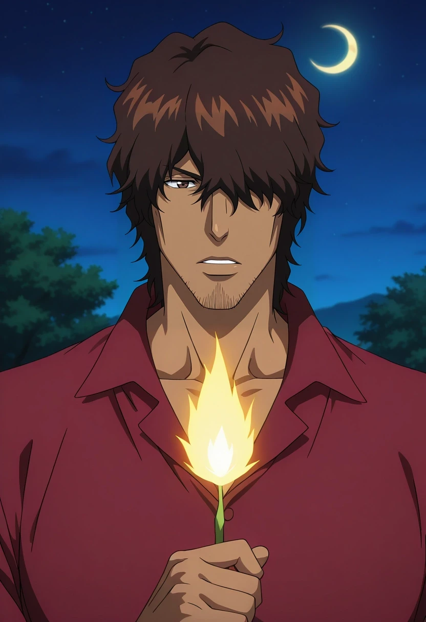 masterpiece, best quality, intricate details, anime screencap, anime coloring, , , , 1boy, solo, male focus, <lora:yasutora_sado_ilxl:1>, yasutora_sado, brown hair, brown eyes, short hair, dark-skinned male, dark skin, facial hair, stubble, hair over one eye, straight-on, energy plant, night, crescent moon, holding object, distracted, aloof, oblivious,