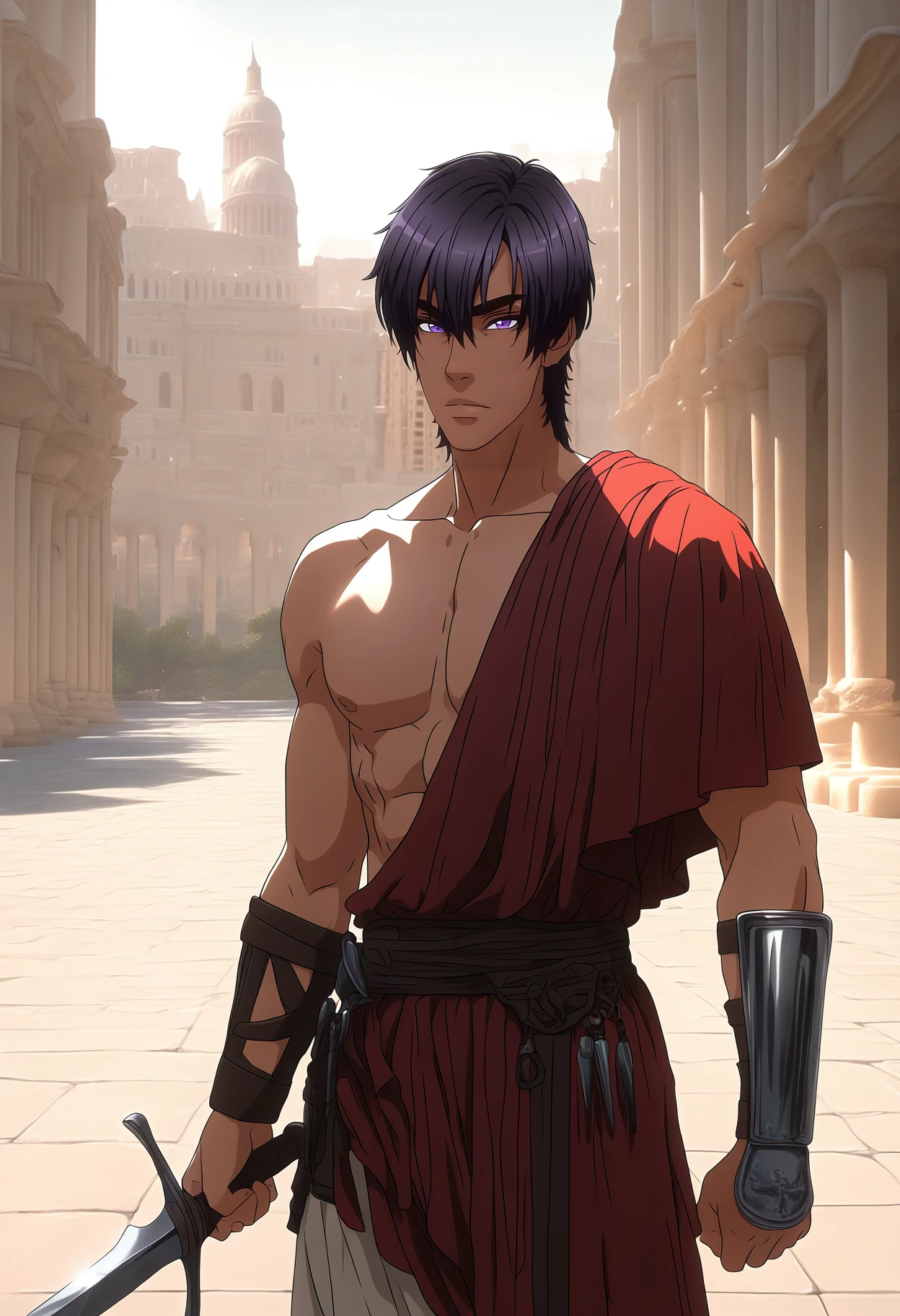 masterpiece, best quality, 1boy, solo, <lora:NSIchijoRyomaLoveStage:1> NSIchijoLuvStaig, black hair, purple eyes, hair between eyes, holding gladius, red toga, Ancient Rome, city, outdoors, cowboy shot, gladius