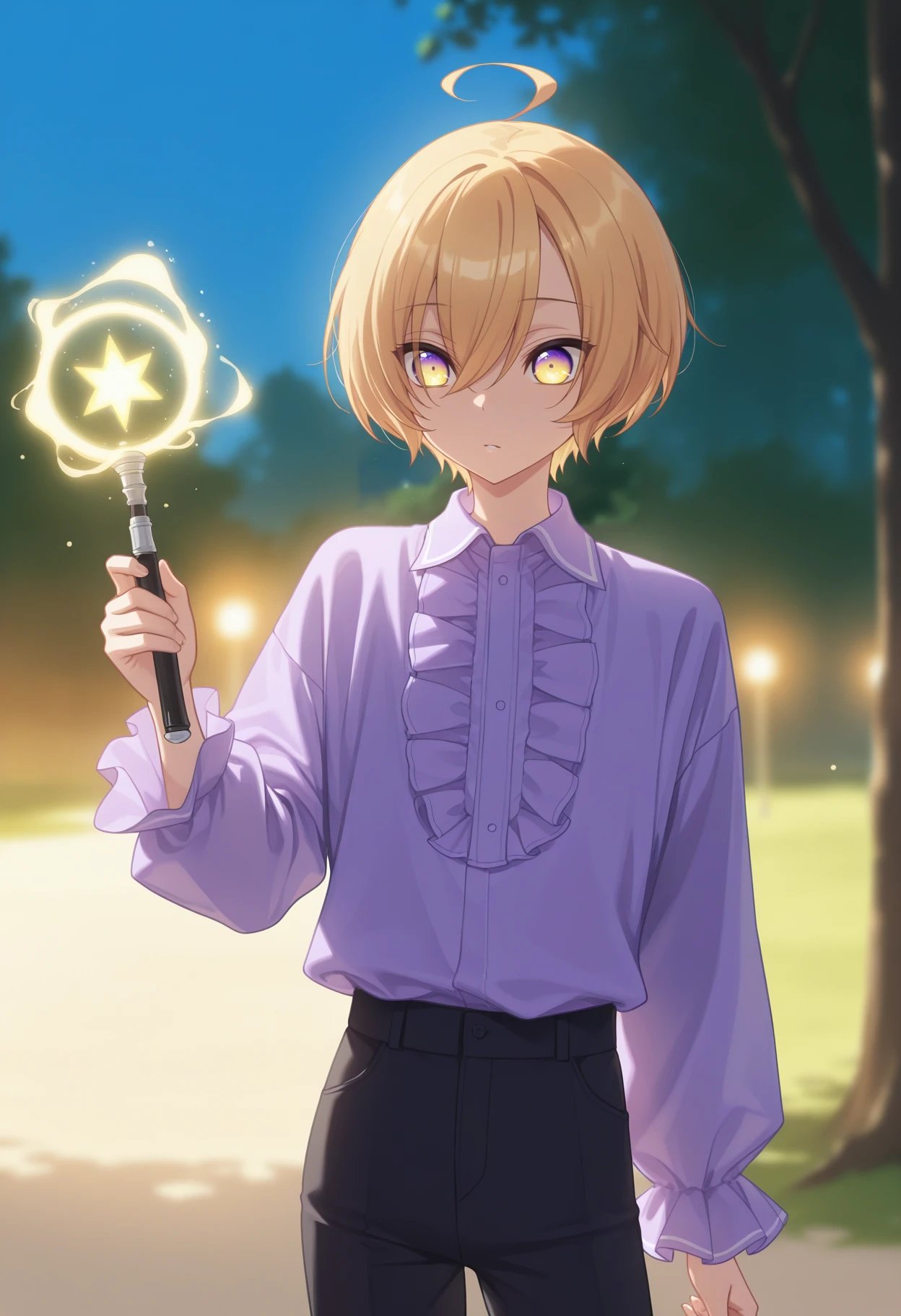 masterpiece, best quality, solo, <lora:NSIzumiSenaLoveStage:1> 1boy, NSIzumiMisc, multicolored eyes, yellow eyes, purple eyes, blonde hair, long bangs, short hair, ahoge, purple shirt, collared shirt, frills, long sleeves, magic wand, black pants, magic, glow, outdoors