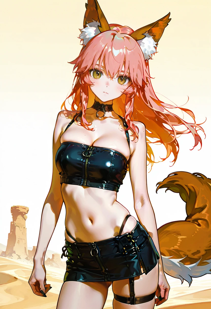 1girl,solo,looking at viewer,ikeda ruriko, desert,echo lingerie, skirt, zipper, choker, midriff, tamamo_cat_(fate)