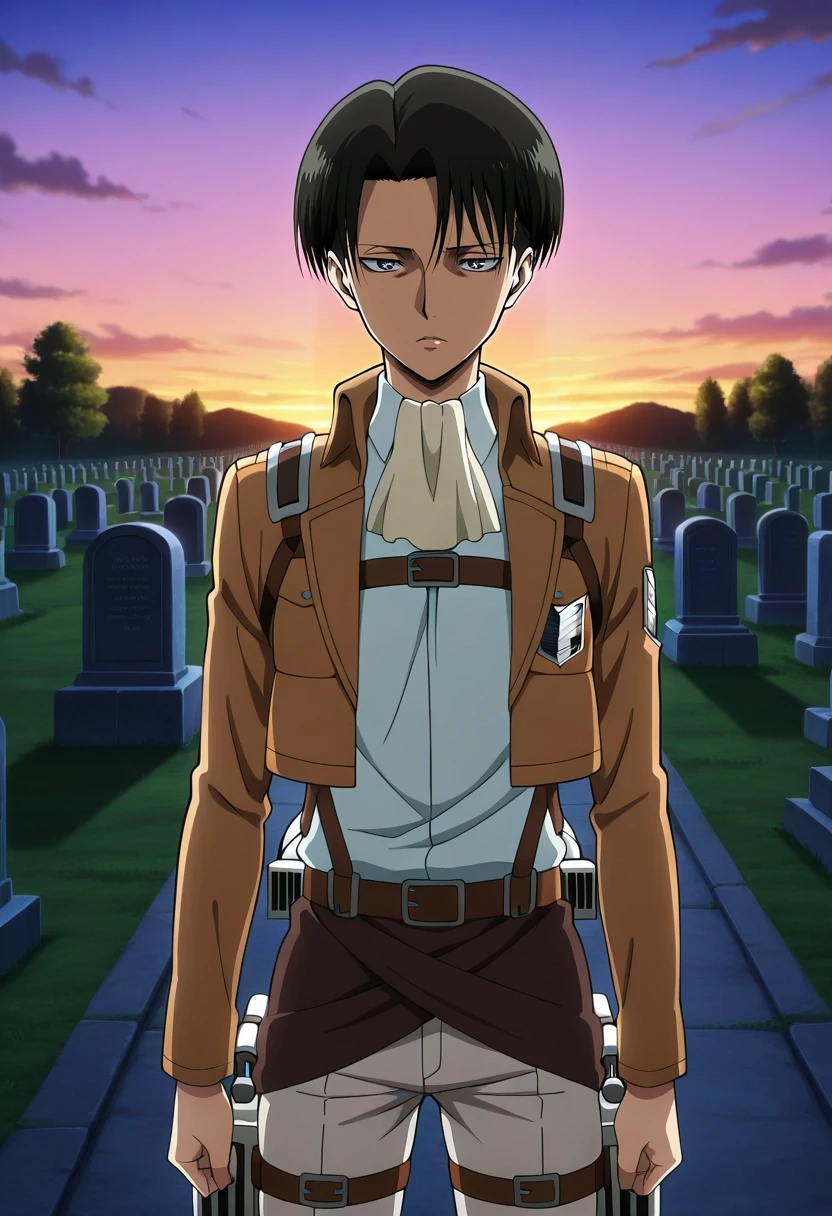 masterpiece, best quality, , anime screencap, anime coloring, official style, , , 1boy, solo, male focus, <lora:levi_ackerman_ilxl:0.96>, levi_ackerman, black hair, black eyes, short hair, curtained hair, paradis military uniform, ascot, three-dimensional maneuver gear, wide angle, wide shot, cowboy shot, cemetery, dusk, villain pose, sparkling eyes,