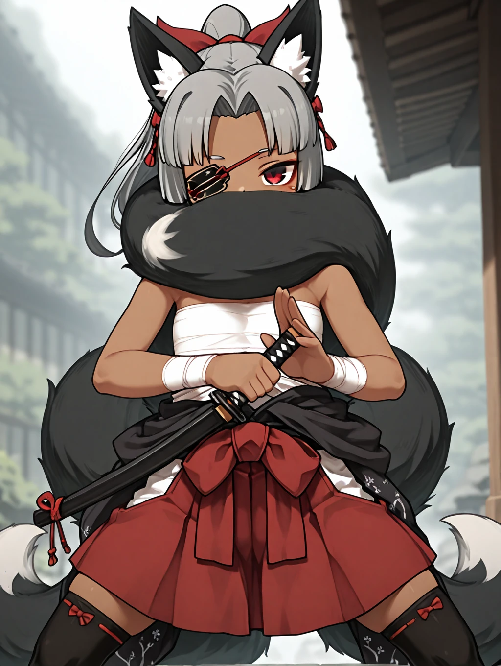 1girl, Izuna, grey hair, high-ponytail, red eyes, black fox ears, black fox tail, 4 tails, dark_skin, eyepatch, bandages, sarashi, red skirt, hair bow, red bow, tail over mouth, covered mouth, tail around head, black thighhighs,

expressionless, standing, ((dynamic pose)), outdoors, holding katana, fighting stance,

masterpiece, best quality,amazing quality, very aesthetic, absurdres, depth of field, blurry background, extremely detailed face, detailed eyes eyes,masterpiece,best quality,amazing quality