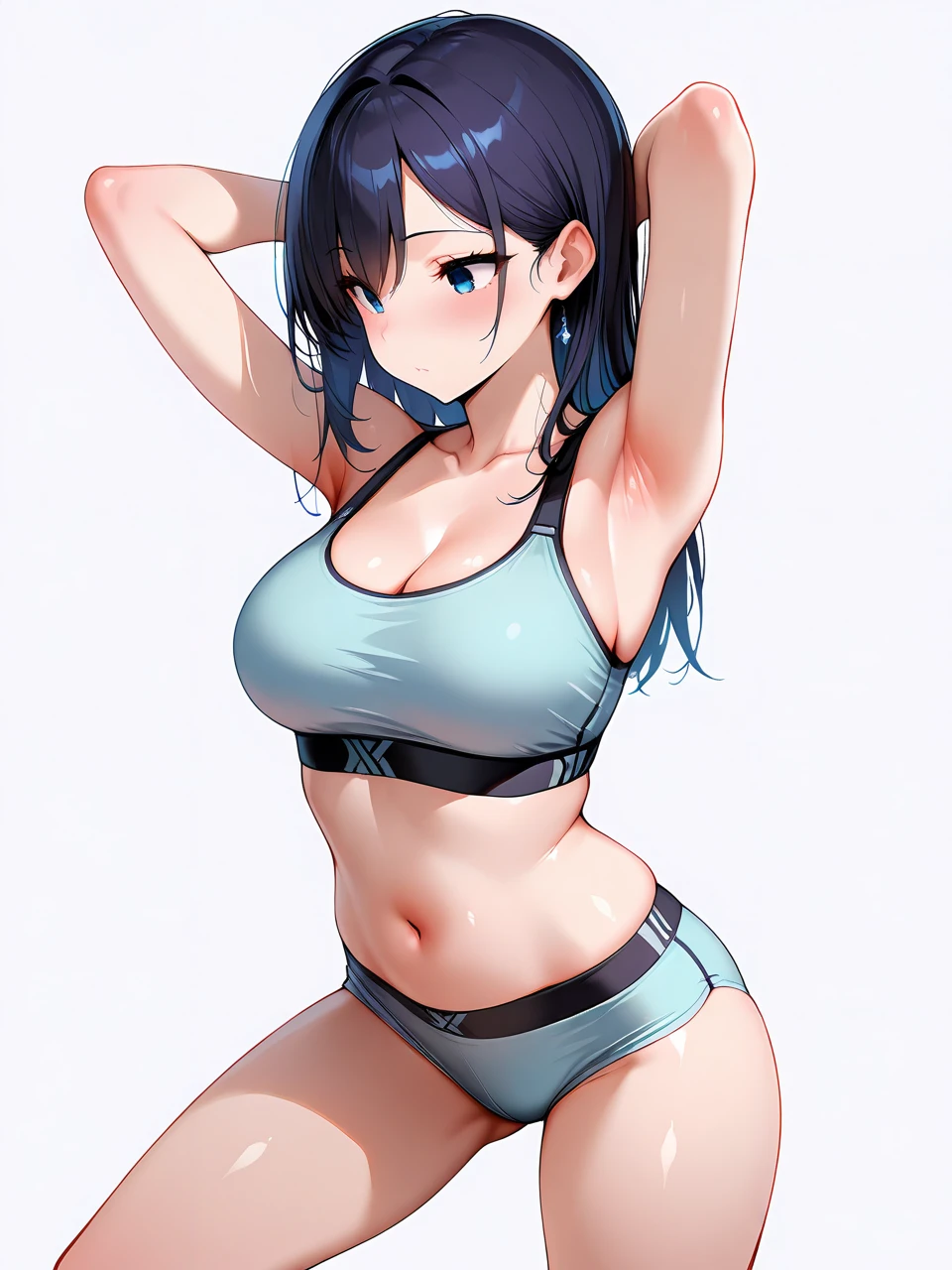 masterpiece,amazing quality,best quality,ultra-detailed,8K,illustration,CG,shiny hair,clear skin,ultra-detailed-eyes,simple background,cute girl, eyelashes <lora:half squatting_illustrious_V1.0:0.7> half squatting,standing,hands behind head, <lora:sport bra_illustrious_V1.0:0.7> sports bra, ports panties