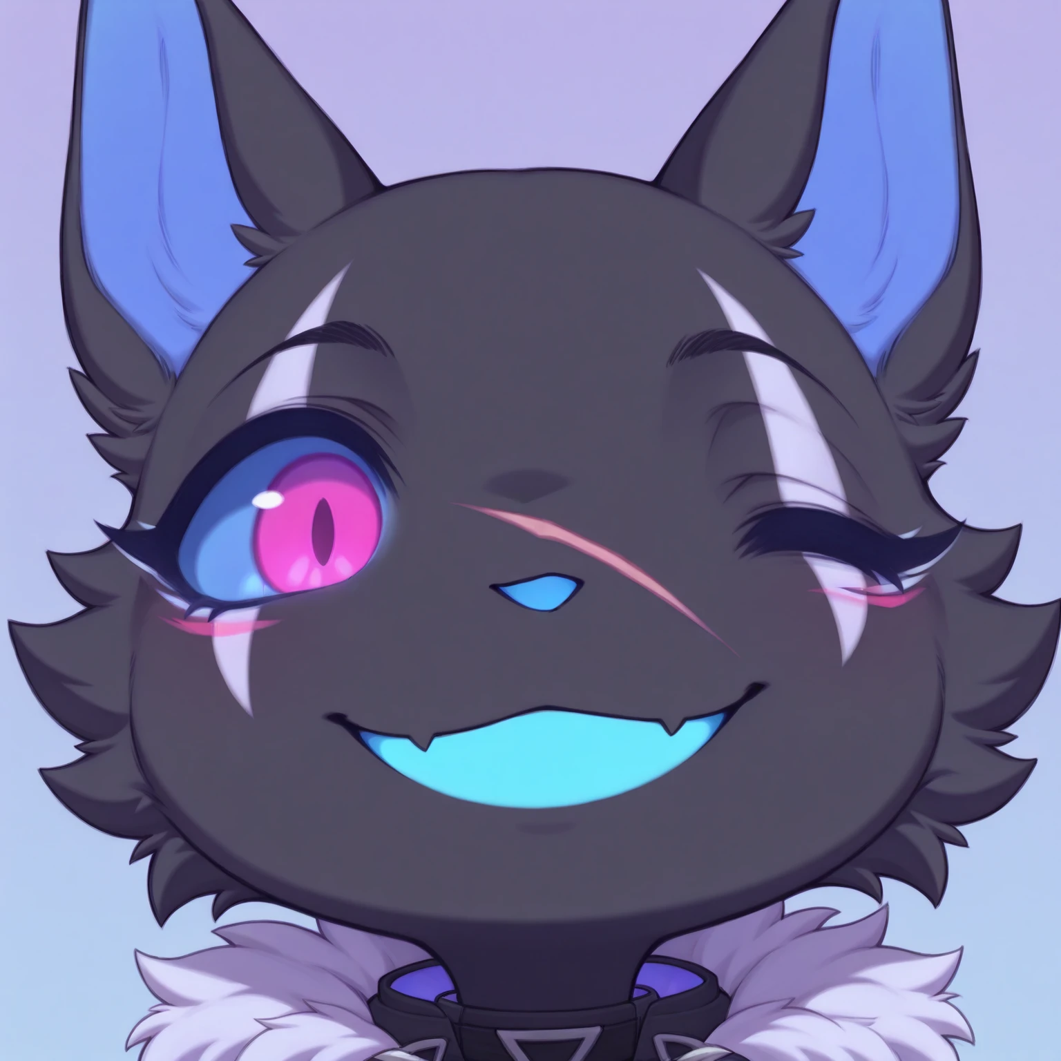 Highwire, girl, blue sclera, pink eye, blue mouth, one closed eye, scars in face, sleeves, black fur, mutsukiface, chibi, portrait, close-up, smile, :3, closed mouth
<lora:meme_mutsukiface_illustriousXL:1>
<lora:Highwire_illustriousXL:0.9>
