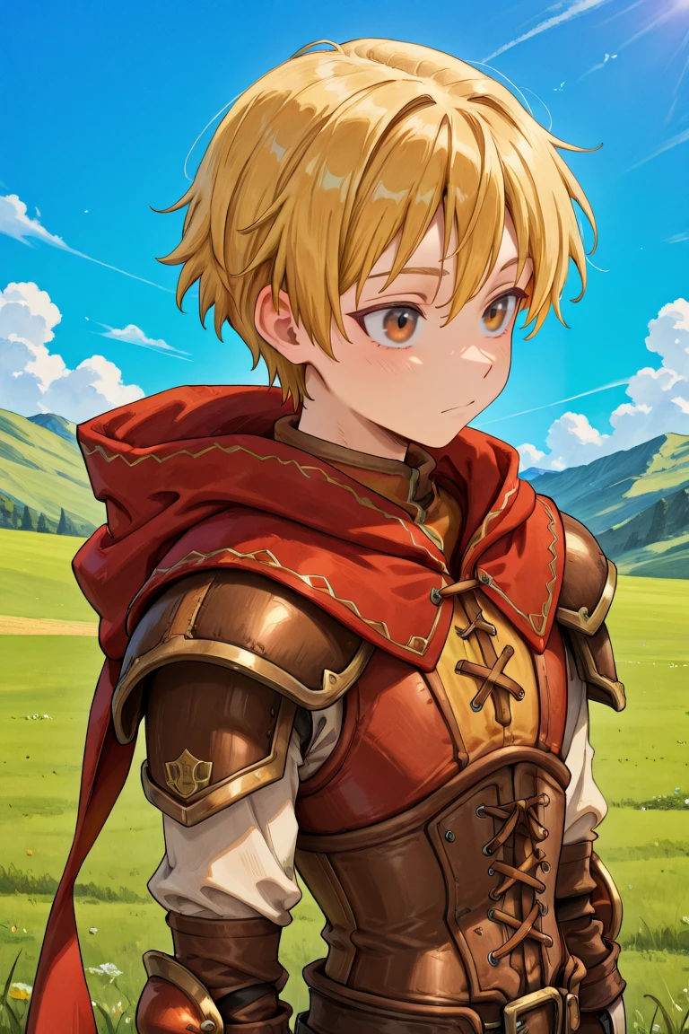 <lora:Canaan:0.8> , CaDef, solo, 1boy, brown eyes, short hair, blonde hair, red hood, hood down, shoulder pads, elbow pads, armor, corset, (upper body), exterior, grasslands, cloulds, blue sky, solo, masterpiece, very aesthetic, absurdres, best quality, amazing quality, high resolution, detailed background, <lora:illustrious_quality_modifiers_masterpieces_v1:0.8> , <lora:ChamIllustriousBackgroundEnhancer:0.5>