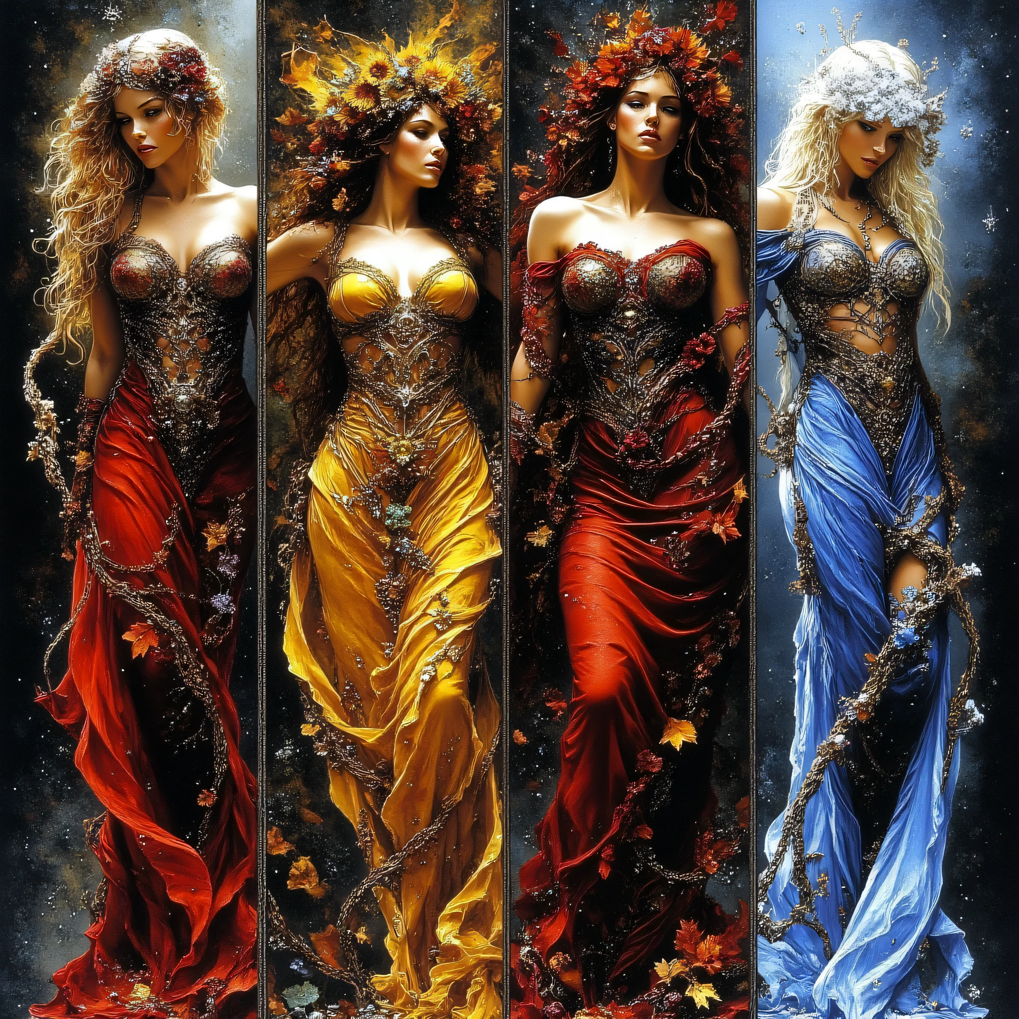 ArsMJStyle, Etherial Gothic,four women representing the seasons, each dressed in richly detailed garments. They stand intertwined with the natural elements of their seasons spring blossoms, summer sunflowers, autumn leaves, and winter snowflakes.