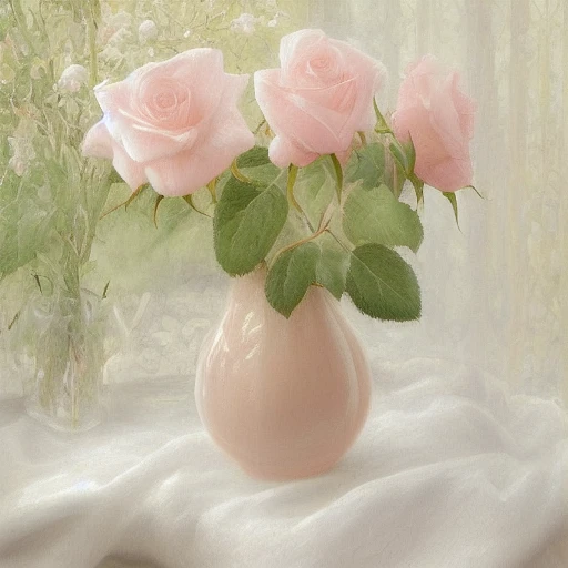 A light pink rose under the window sunshine, with golden sunlight outlining the edges of the rose. In the pure white pastoral style window, a rose in a white porcelain vase is placed on an elegant French round table, with petals hanging with dew, The oil painting style and texture, using Impressionist techniques